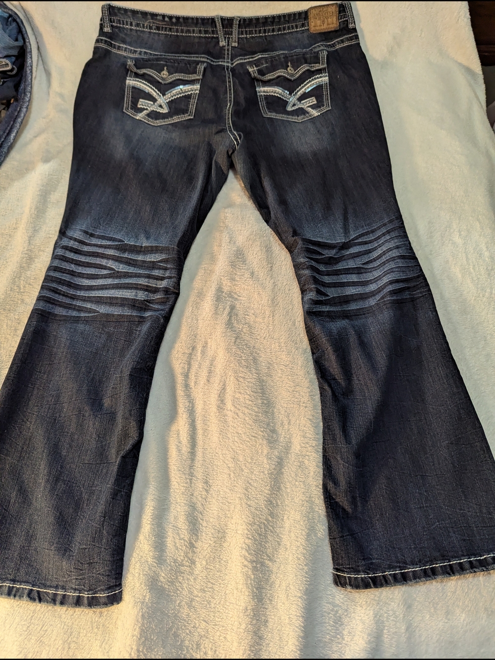 Amethyst Jeans Women's Dark Blue Flare w Ribbed Knee Panels Sz 24. Needs Button